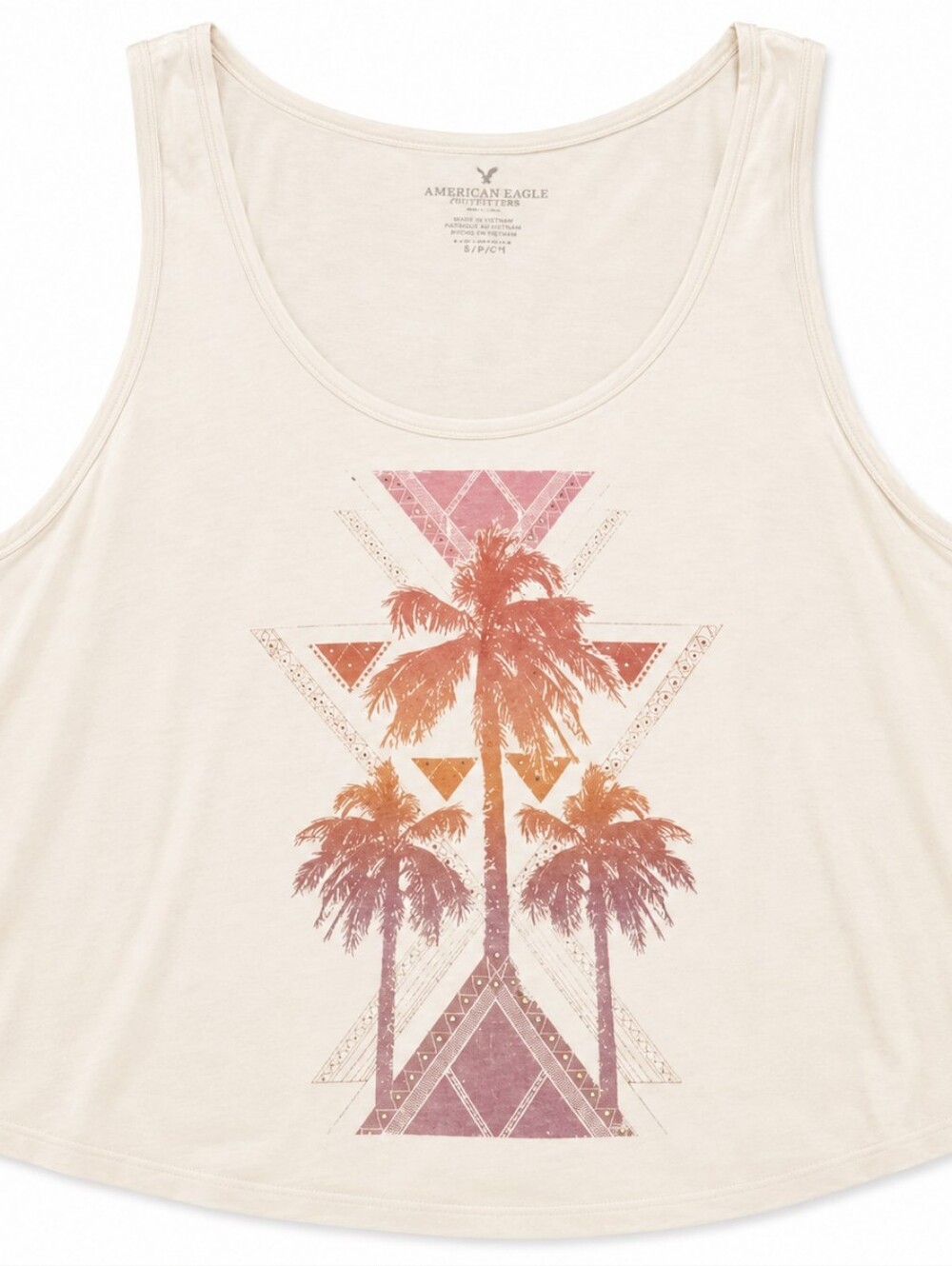 American Eagle Outfitters Womens Geometric Palm Tank - Cream and Pink Sz LG